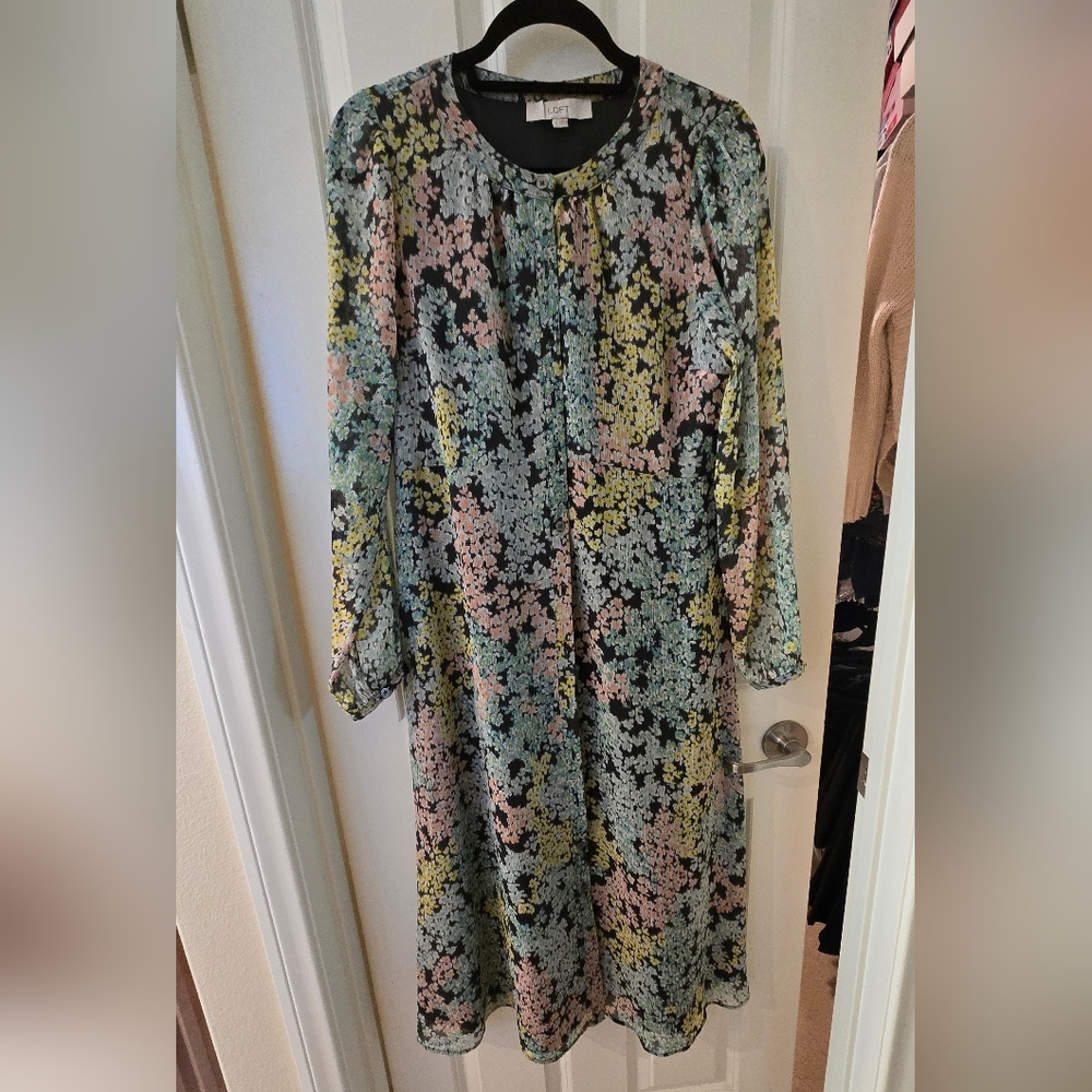 LOFT Black Long Sleeve Midi Dress with Pastel Floral Print